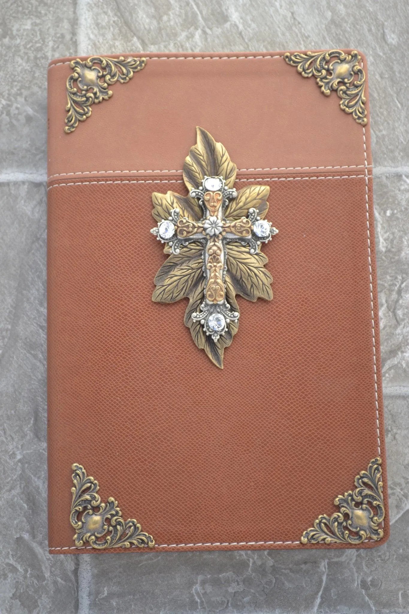 Dacole Designs personal size jeweled NIV Bible with brown cover and decorative gold and crystal cross