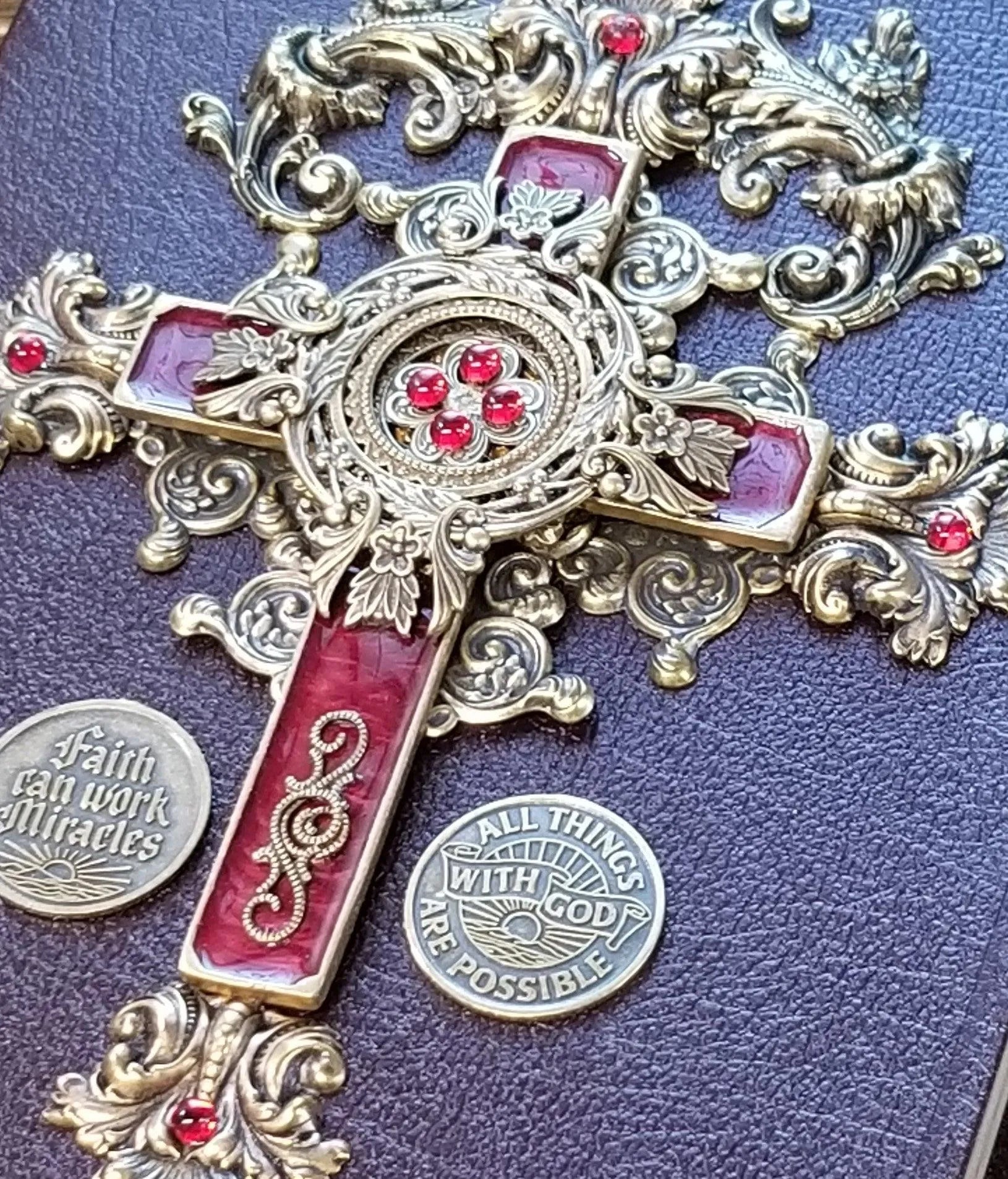Dacole Designs Personal Size jeweled NIV Bible with ornate gold and red jeweled cross embellishment