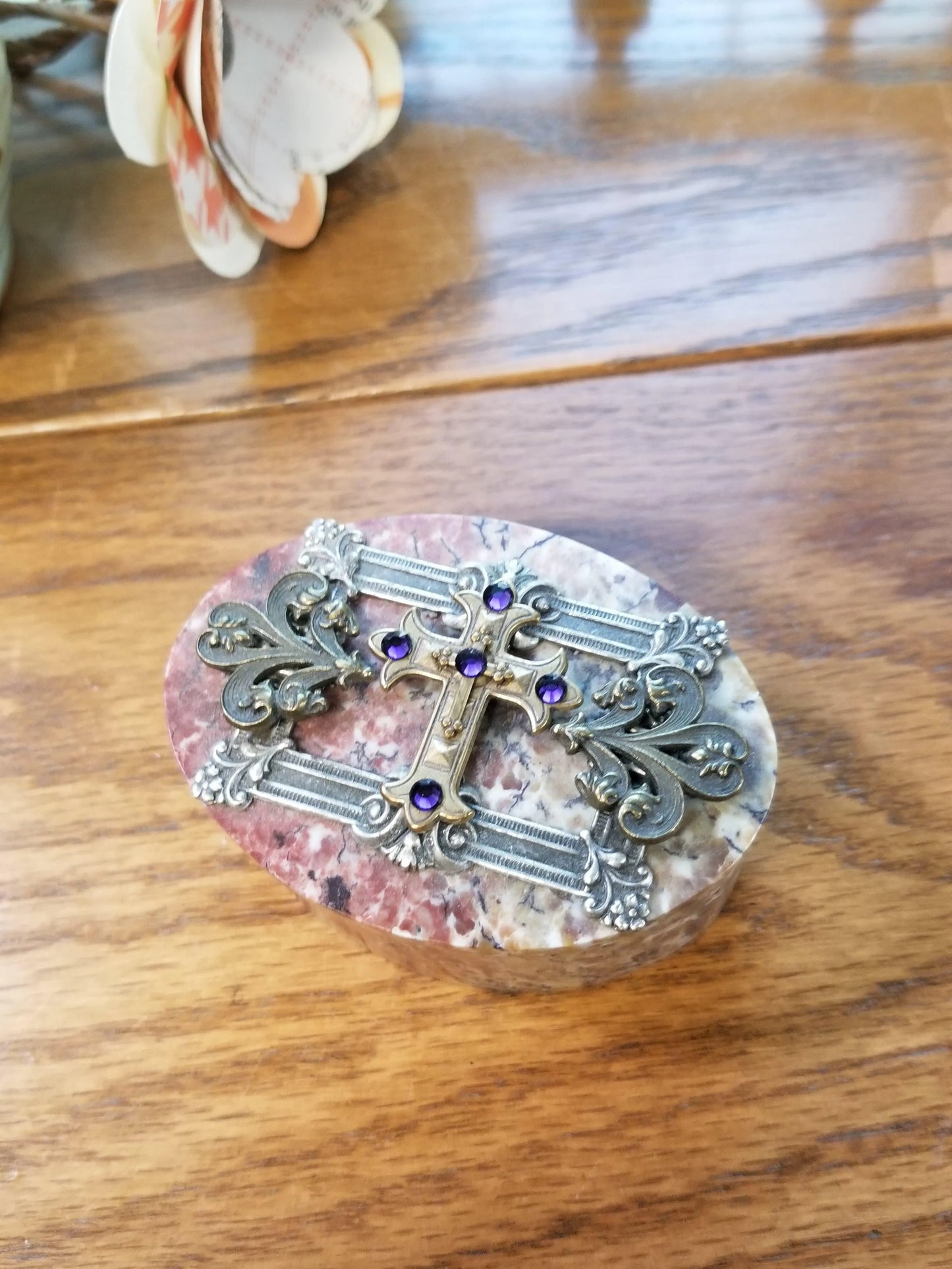 Dacole Designs jeweled royal keepsake box with ornate silver cross and purple gems on marble base
