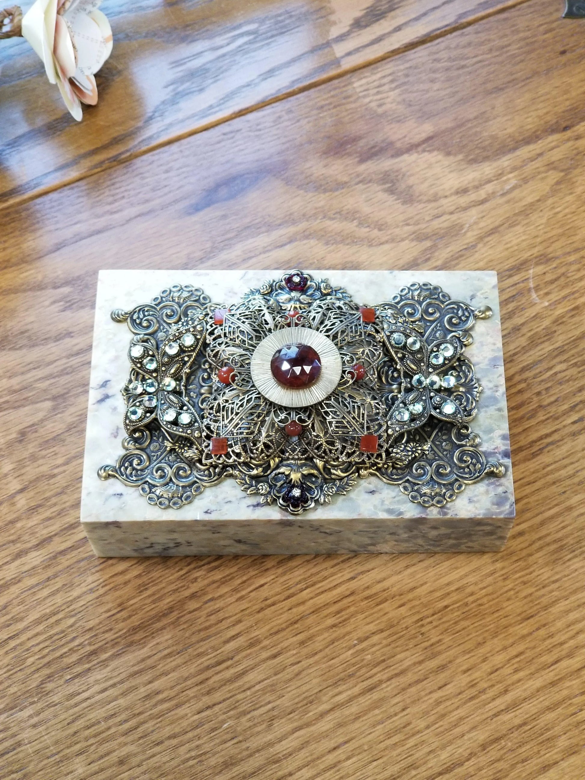 Dacole Designs jeweled soapstone keepsake box with intricate metal filigree and colorful gemstones