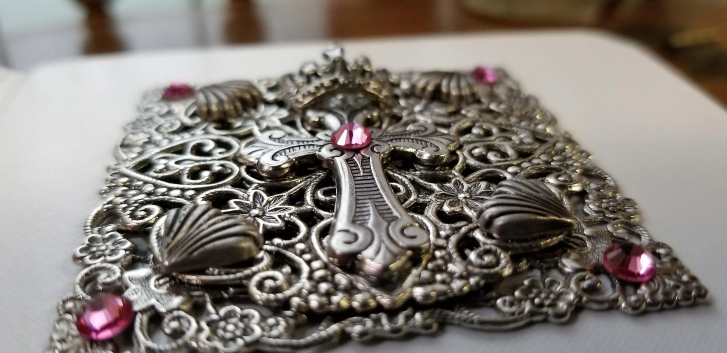 Dacole Designs compact size KJV jeweled baby Bible keepsake with ornate silver cross and pink jewels