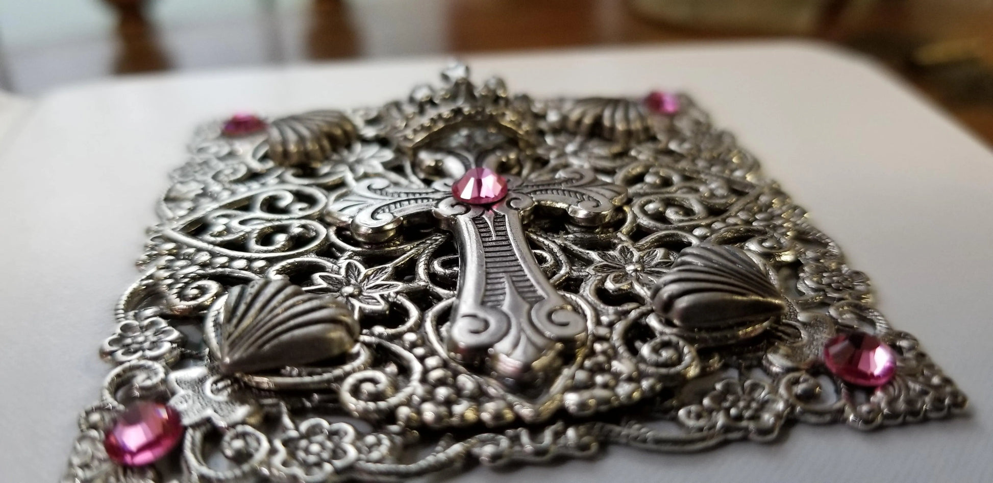 Dacole Designs compact size KJV jeweled baby Bible keepsake with ornate silver cross and pink jewels