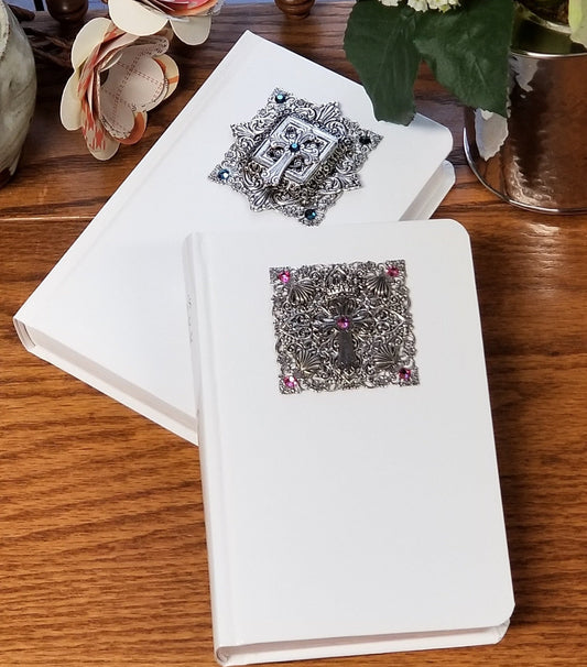 Dacole Designs compact size KJV jeweled baby Bible keepsake with jeweled cross on white cover