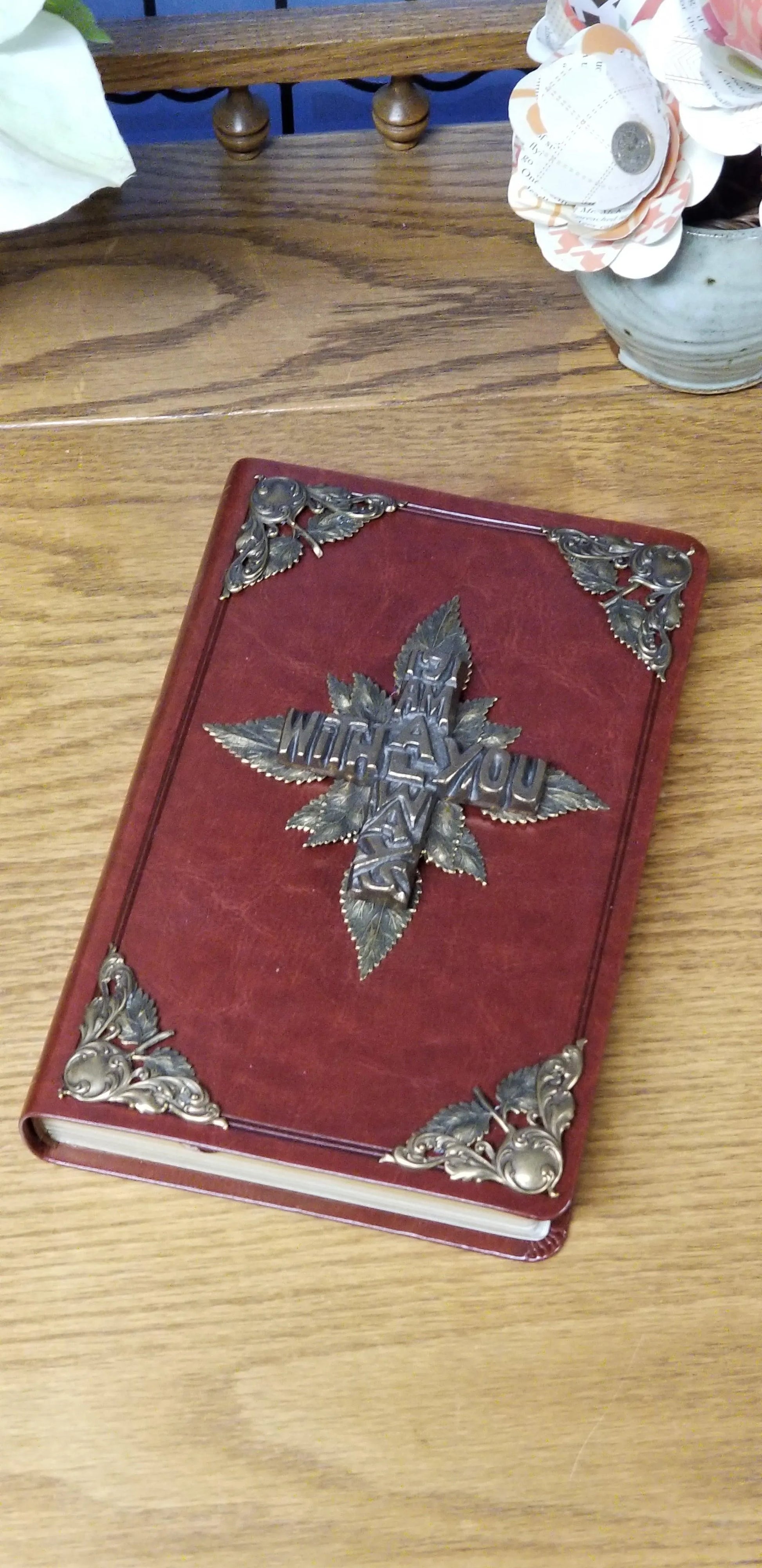 NKJV reference Bible burgundy personal size with decorative metal corners and cross design by DeMartineau