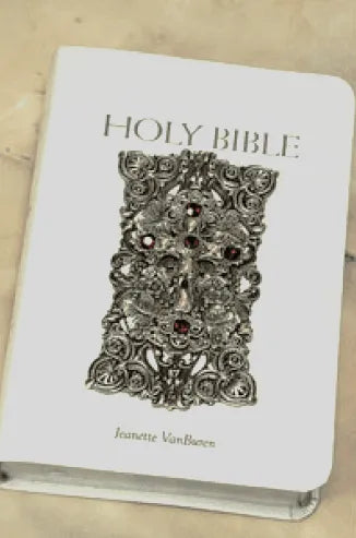 Jo Marz Personal Size ruby crystal Catholic Holy Bible with ornate silver cross design on white cover