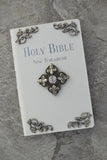 FULL IMAGE NIV New Testament Fluer De Lis French Cross Baby Bible WHITE