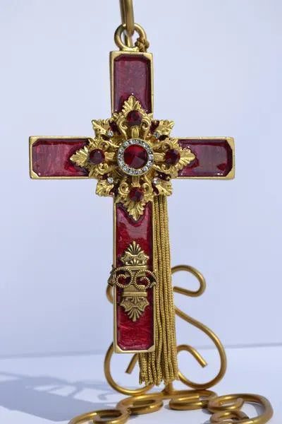 Dacole Designs jeweled cross ornament wall cross with red enamel and gold detailing
