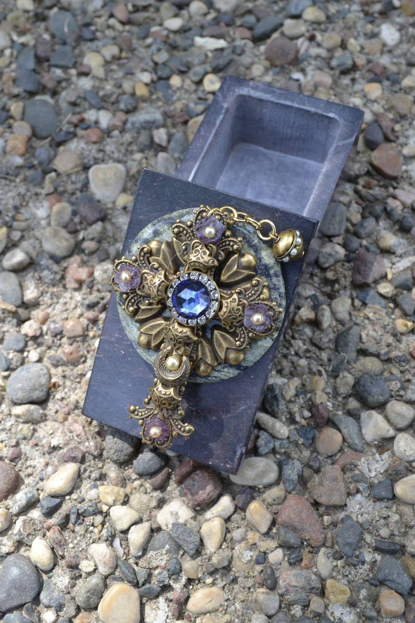 Jo Marz jeweled cross soapstone box with ornate blue and gold jeweled cross design on lid